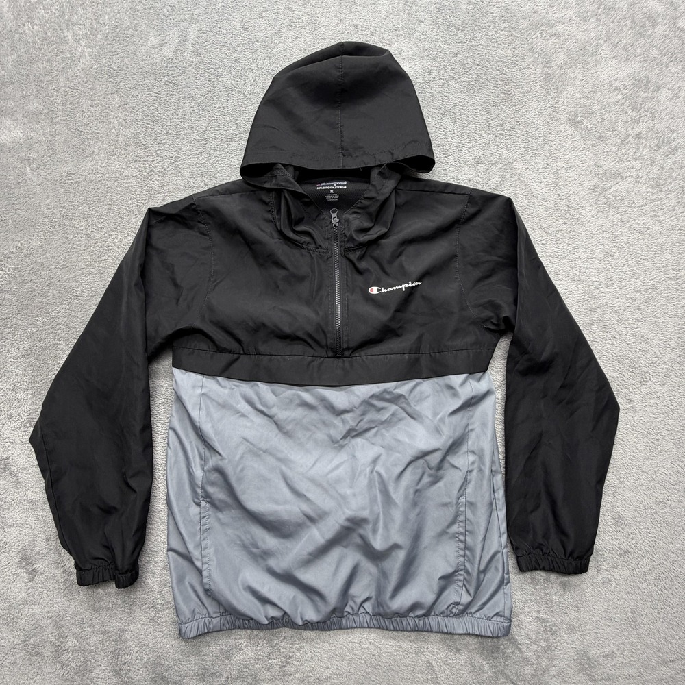 Champion Jacket Youth XL Black Gray Hooded Windbreaker 1/2 Zip Lined Lightweight